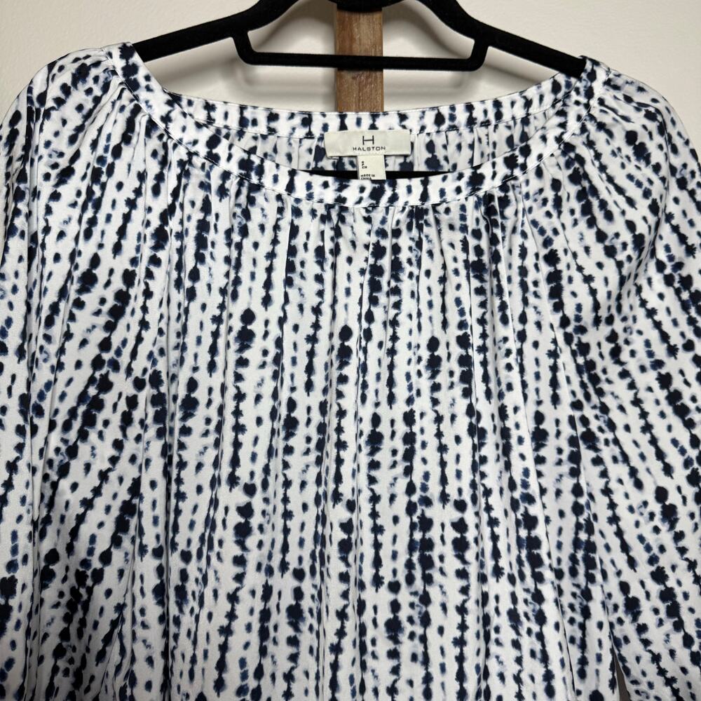 Halston 3/4 Sleeve‎ Blue White Blouse Petite Size Small - Picture 3 of 7